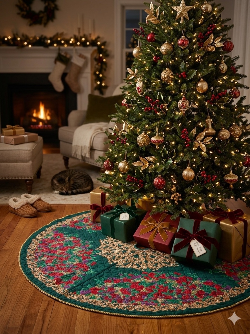 54” Martha Negley HOLLY DAY Heirloom Quilted Tree Skirt Artisan